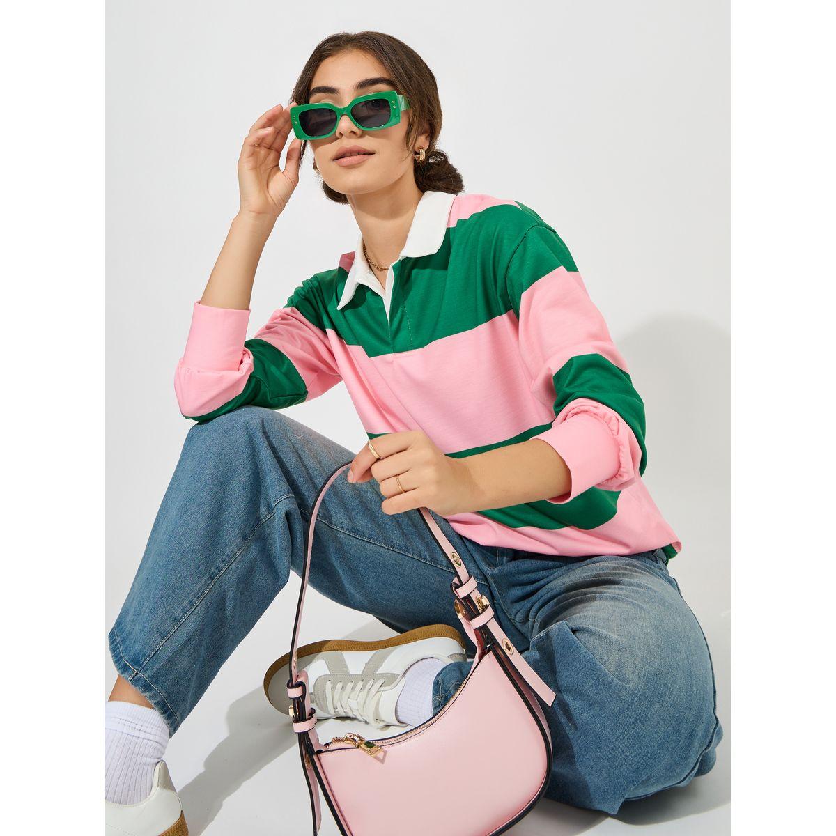 Styli Oversized Color Block Striped Polo T-Shirt-women-clothing-tshirts-image-1