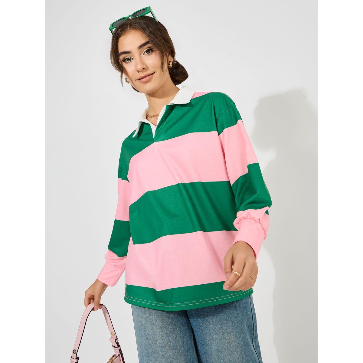 Styli Oversized Color Block Striped Polo T-Shirt-women-clothing-tshirts-image-2