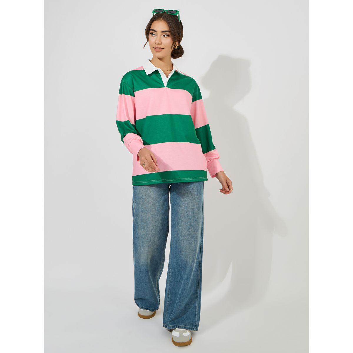 Styli Oversized Color Block Striped Polo T-Shirt-women-clothing-tshirts-image-3