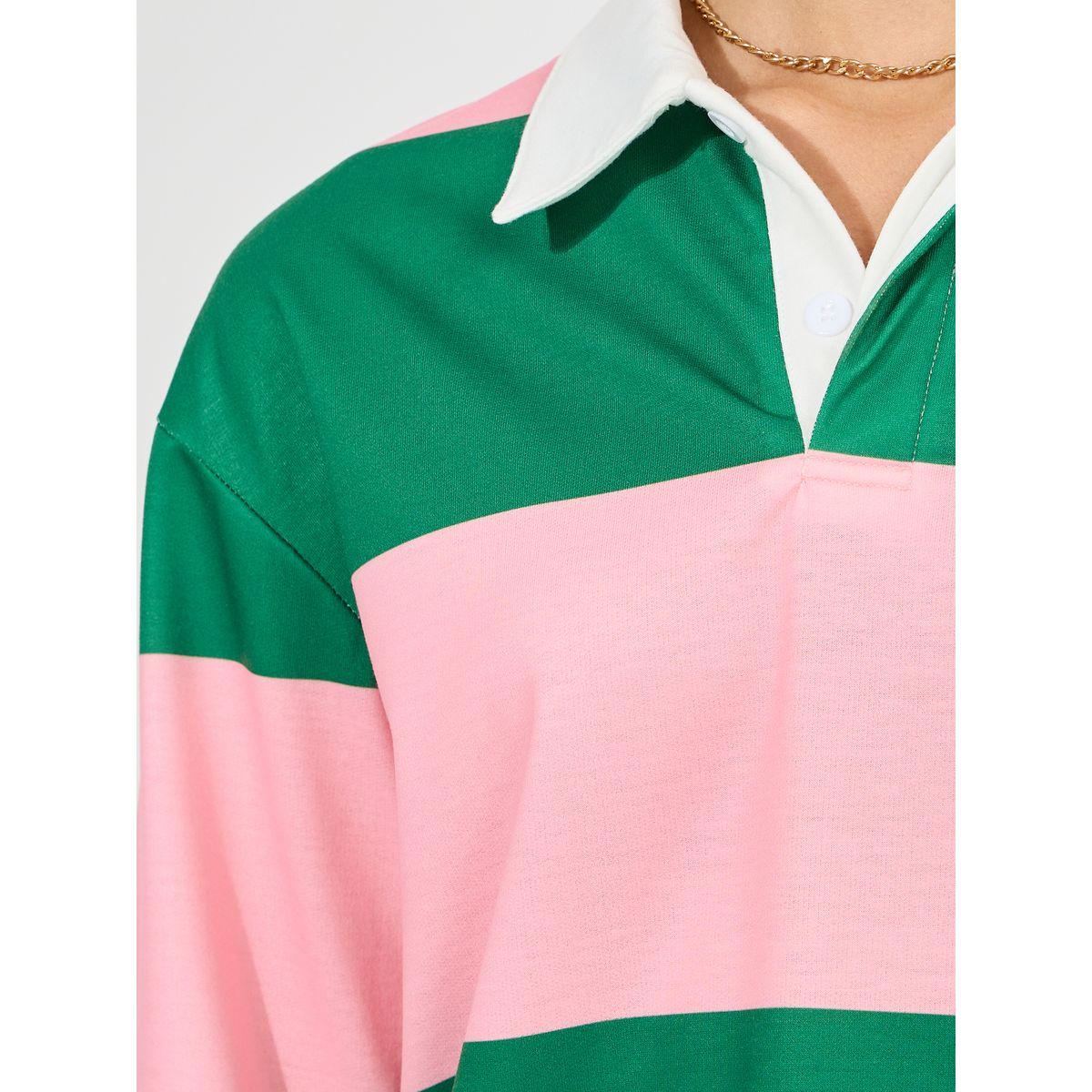 تيشيرت فضفاض بياقة بولو ونمط كتل الالوان-women-clothing-tshirts-image-4