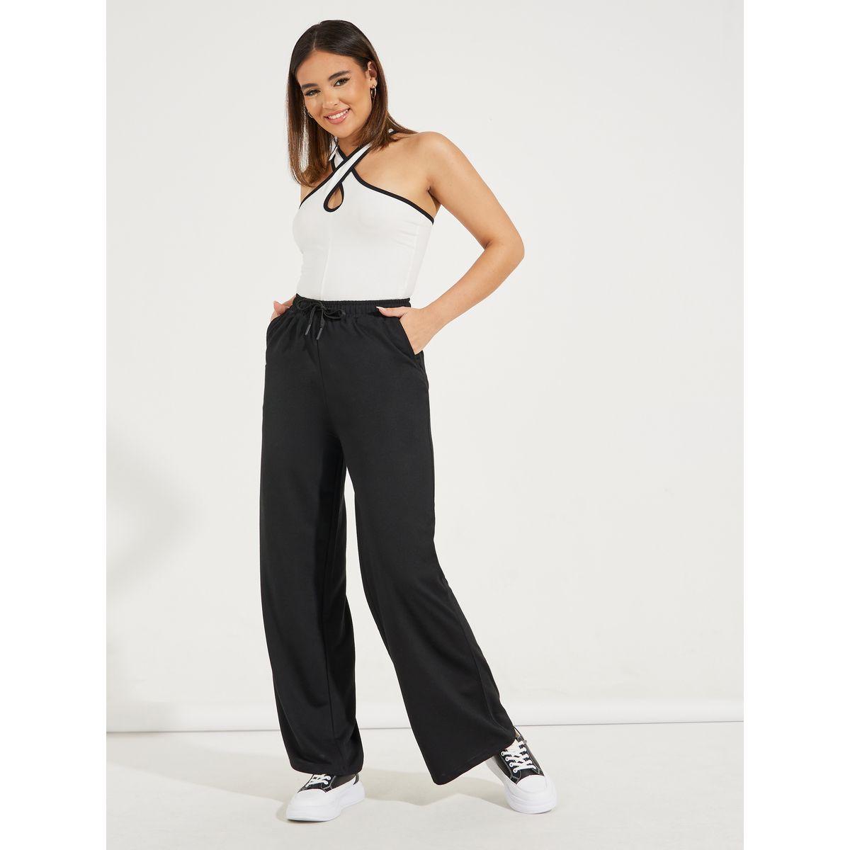 Styli Solid Wide Leg Joggers with Elasticated Waist & Drawstrings-women-clothing-bottoms-joggers-image-1
