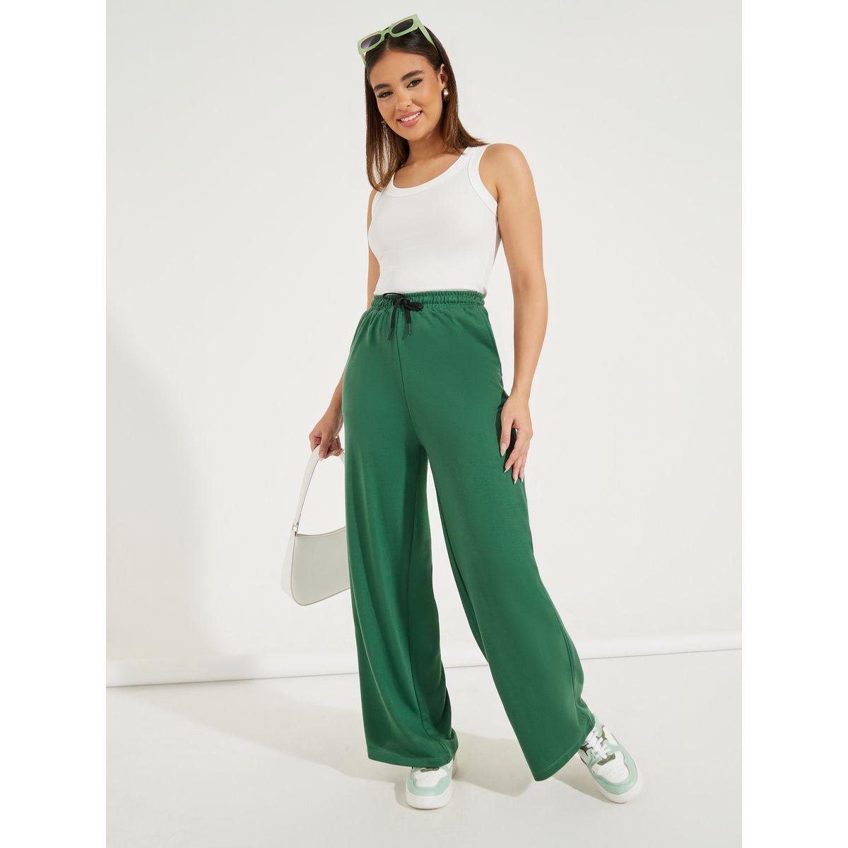 Styli Solid Wide Leg Joggers with Elasticated Waist & Drawstrings-women-clothing-bottoms-joggers-image-1