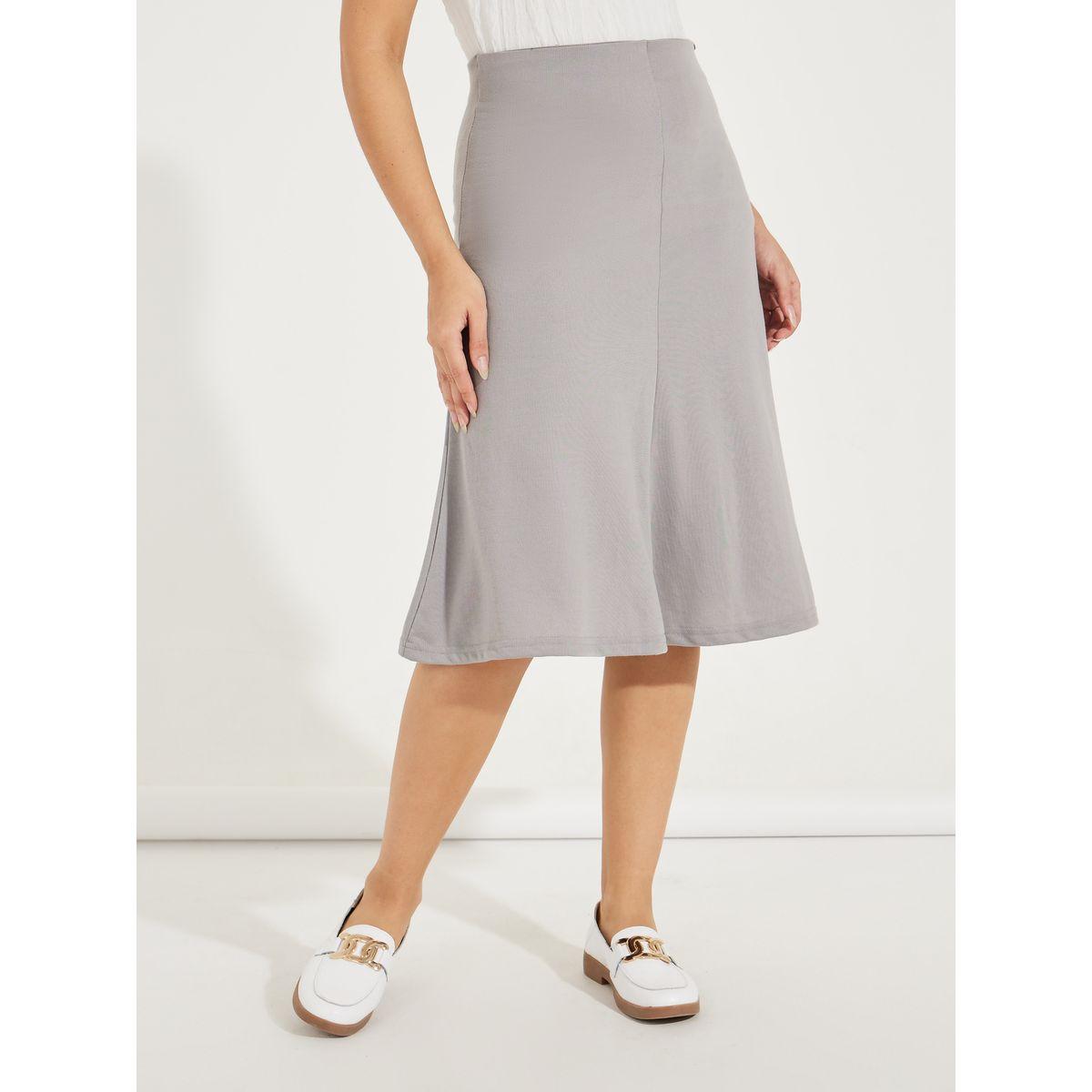 Styli Solid Flared Midi Skirt with Side Zip-women-clothing-bottoms-skirts-image-2