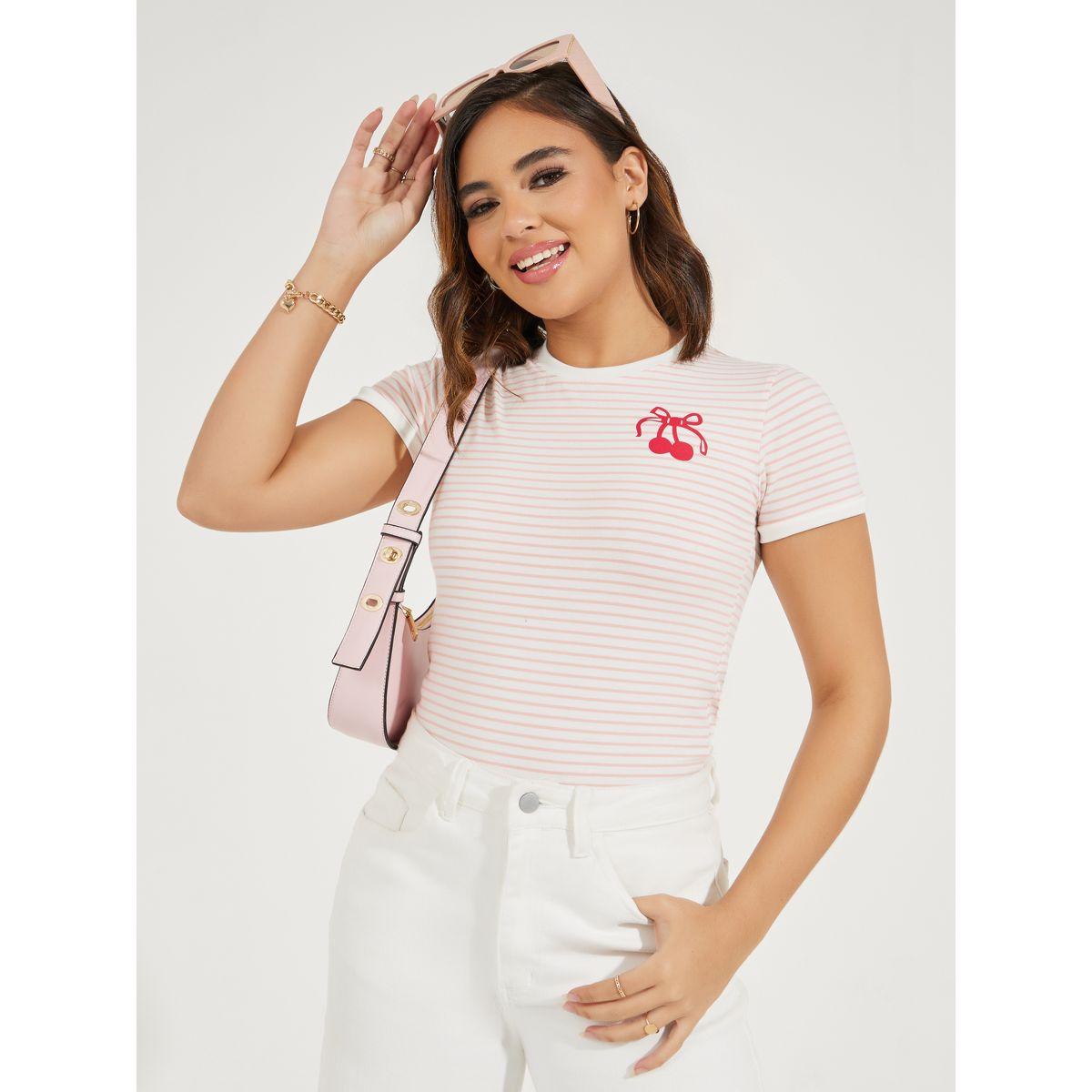 Styli Cotton Stretch Fitted Striped Cherry Graphic T-Shirt-women-clothing-tshirts-image-1