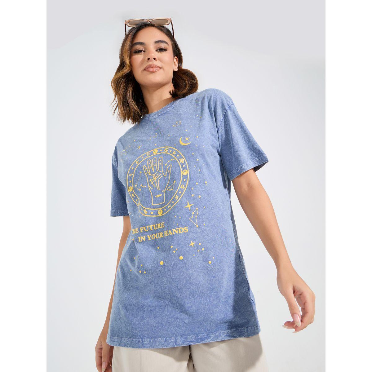 Styli Oversized Acid Wash Stars Graphic T-shirt with Dropped Shoulder-women-clothing-tshirts-image-1
