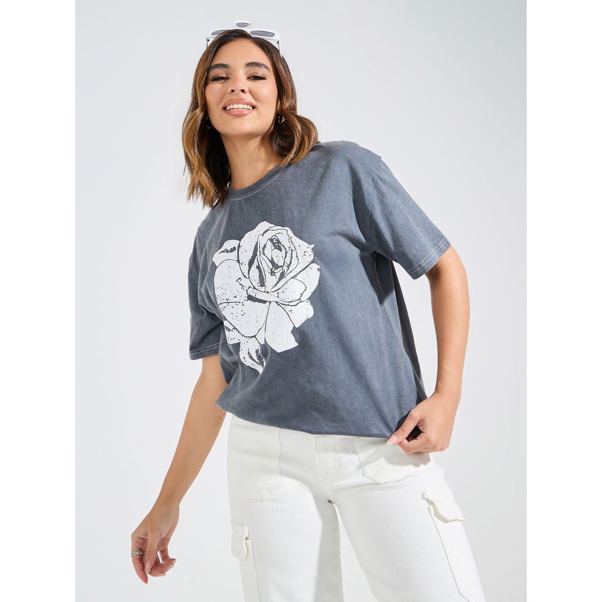 Styli Oversized Faded Wash Floral Graphic T-shirt with Dropped Shoulder-women-clothing-tshirts-image-1