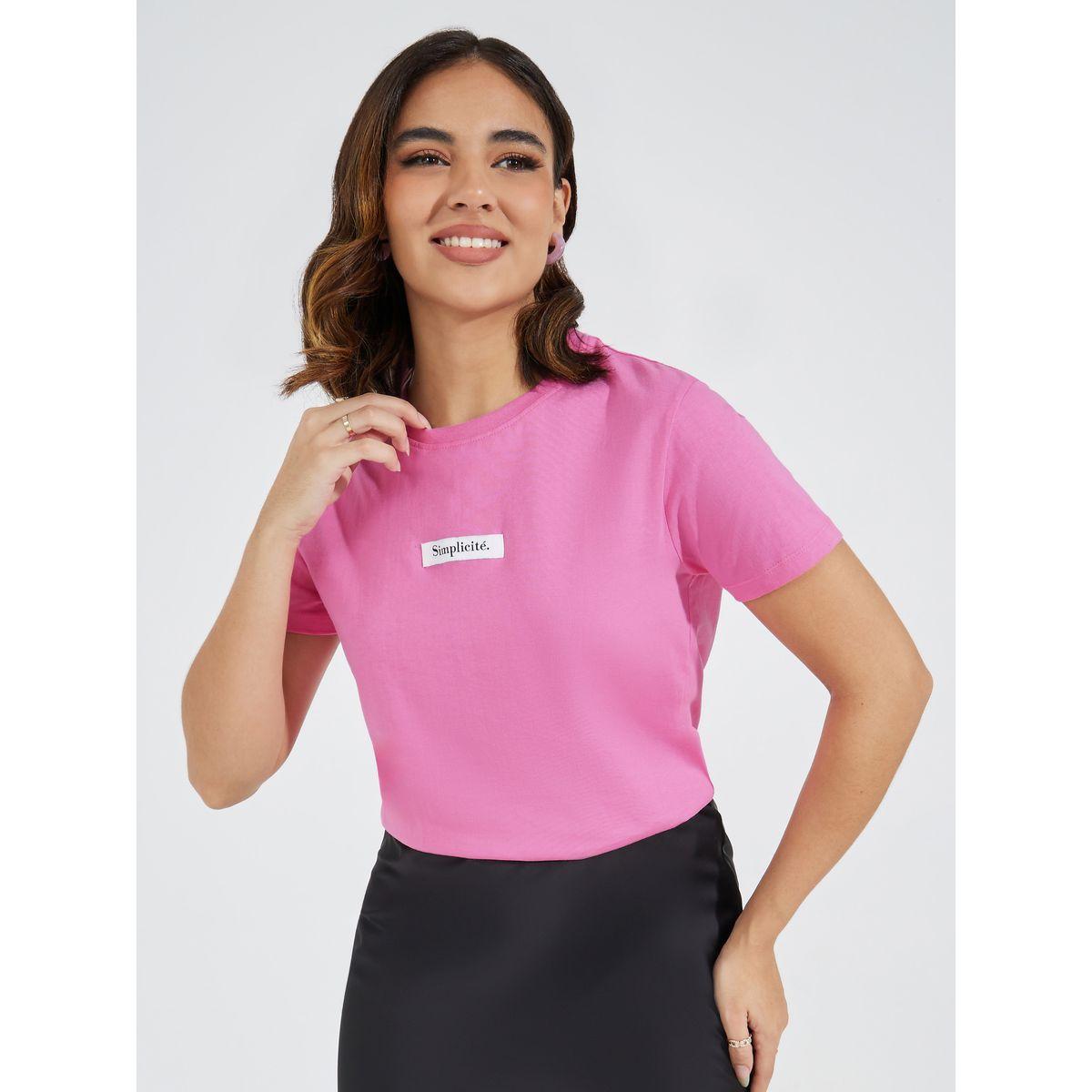 تيشيرت مطبع بطبعة كتابة مع قصة عادية-women-clothing-tshirts-image-1