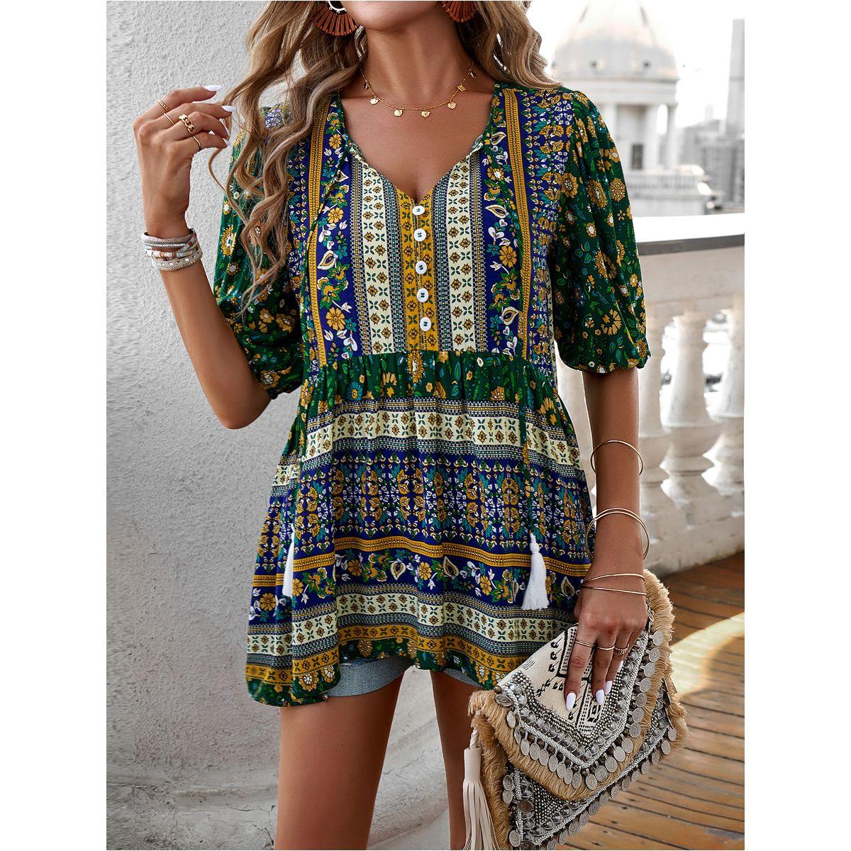 DY X Styli  All Over Print Tassel Tie V Neck Blouse-women-clothing-shirtsandblouses-blouses-image-1