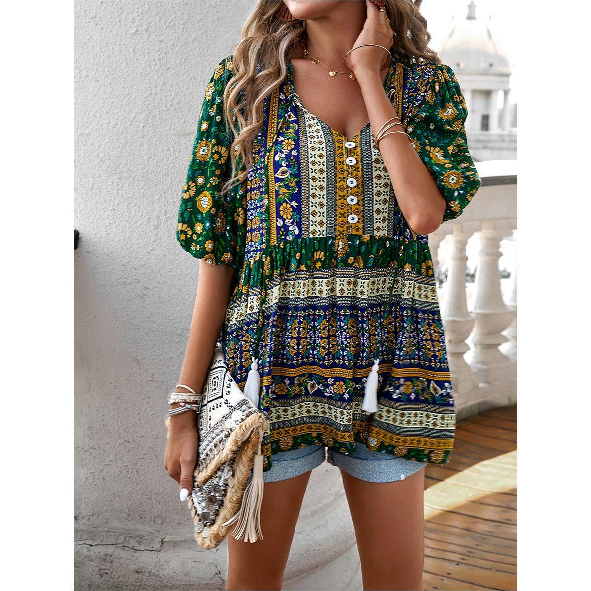 بلوزة مطبعة بالكامل مع رباط مزين بشّرابة دي واي × ستايلي-women-clothing-shirtsandblouses-blouses-image-2