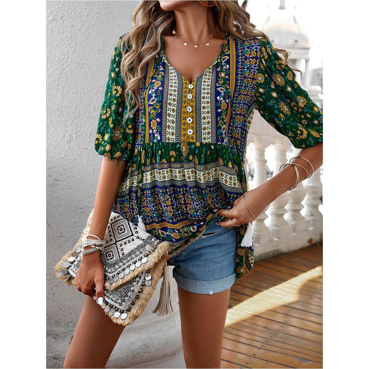 بلوزة مطبعة بالكامل مع رباط مزين بشّرابة دي واي × ستايلي-women-clothing-shirtsandblouses-blouses-image-3