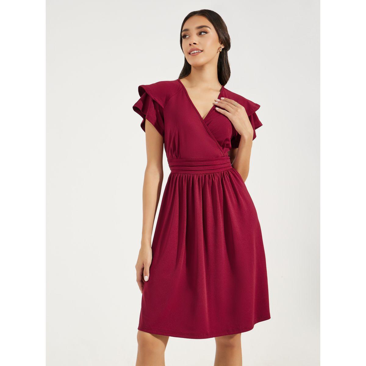 DY X Styli  Solid Ruffled Sleeve Knee Length Dress-women-clothing-dresses-image-1
