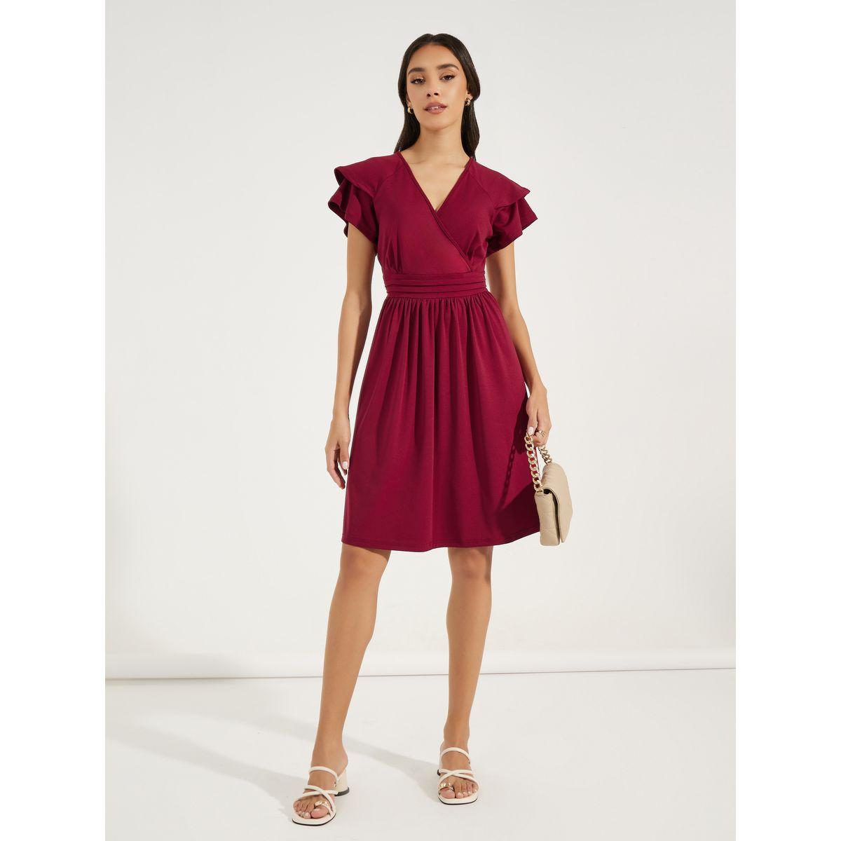 فستان سادة بطول الركبة مع اكمام كشكش دي واي × ستايلي-women-clothing-dresses-image-4