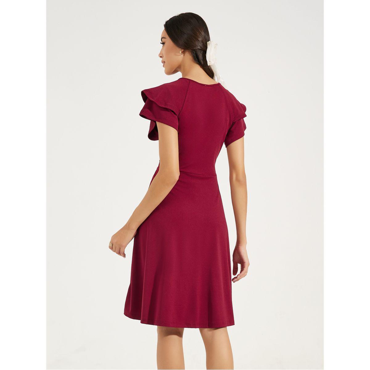 فستان سادة بطول الركبة مع اكمام كشكش دي واي × ستايلي-women-clothing-dresses-image-2