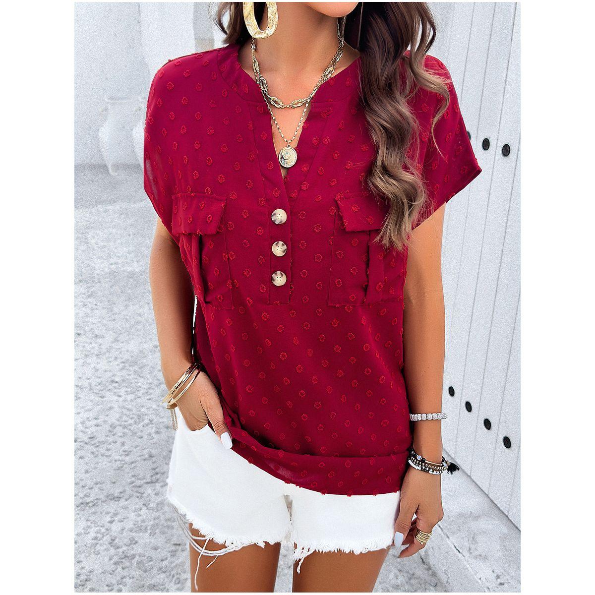 DY X Styli  Dobby Notch Neck Blouse with Flap Pocket-women-clothing-shirtsandblouses-blouses-image-1