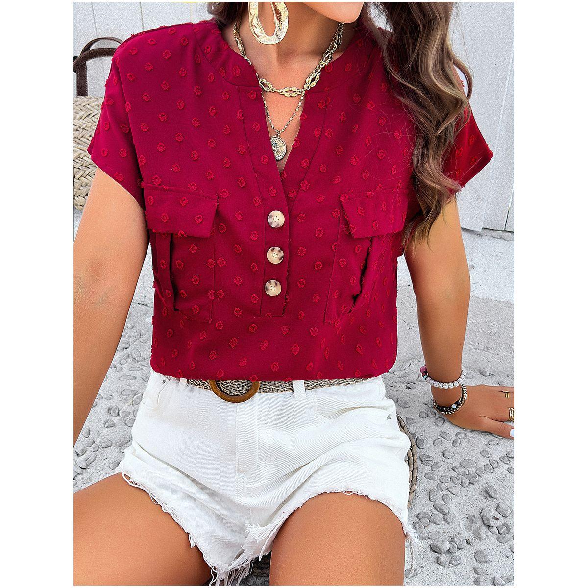 DY X Styli  Dobby Notch Neck Blouse with Flap Pocket-women-clothing-shirtsandblouses-blouses-image-2