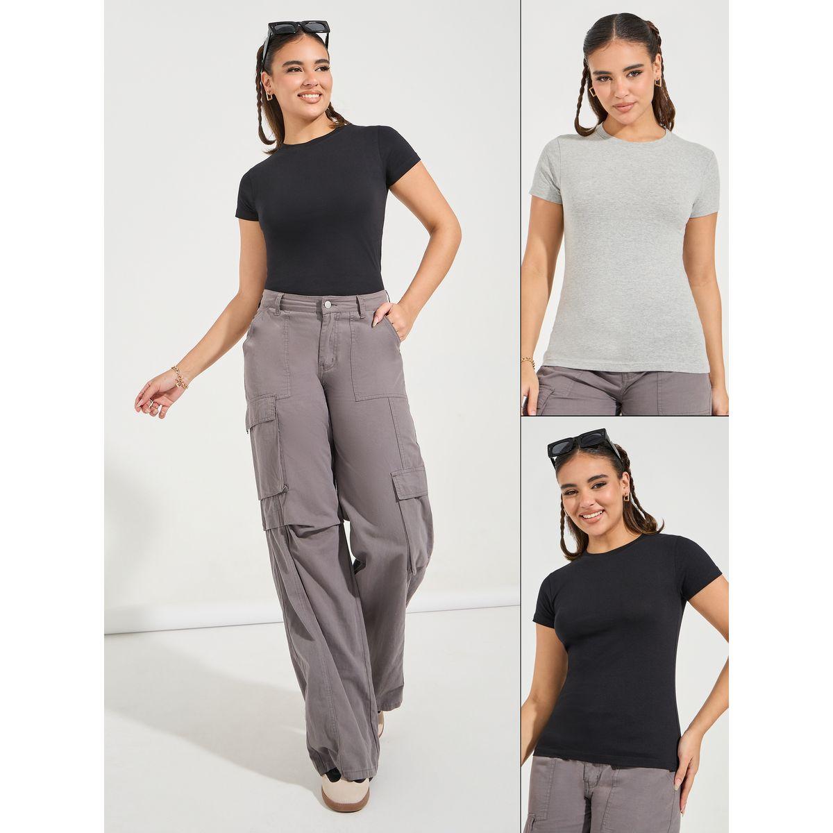 Styli Pack of 2-  Solid Short Sleeve Fitted Regular T-Shirt-women-clothing-tshirts-image-1