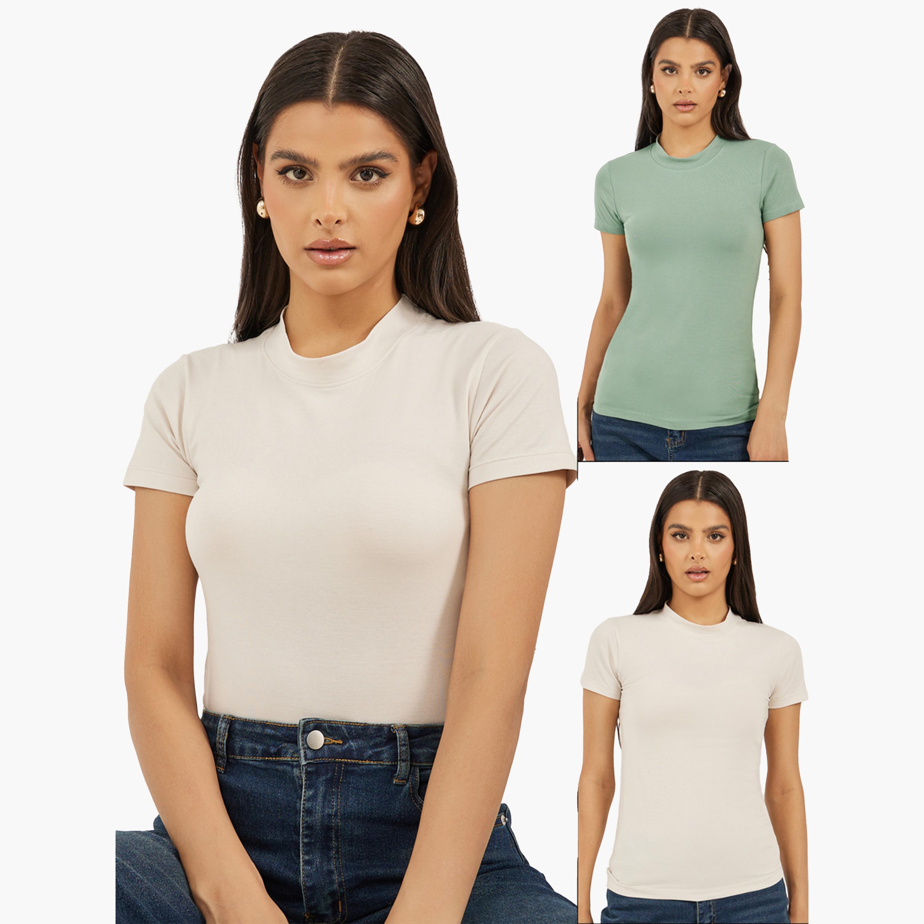 Styli Pack of 2 - Cotton Stretch Fitted High Neck T-Shirt-women-clothing-tshirts-image-1