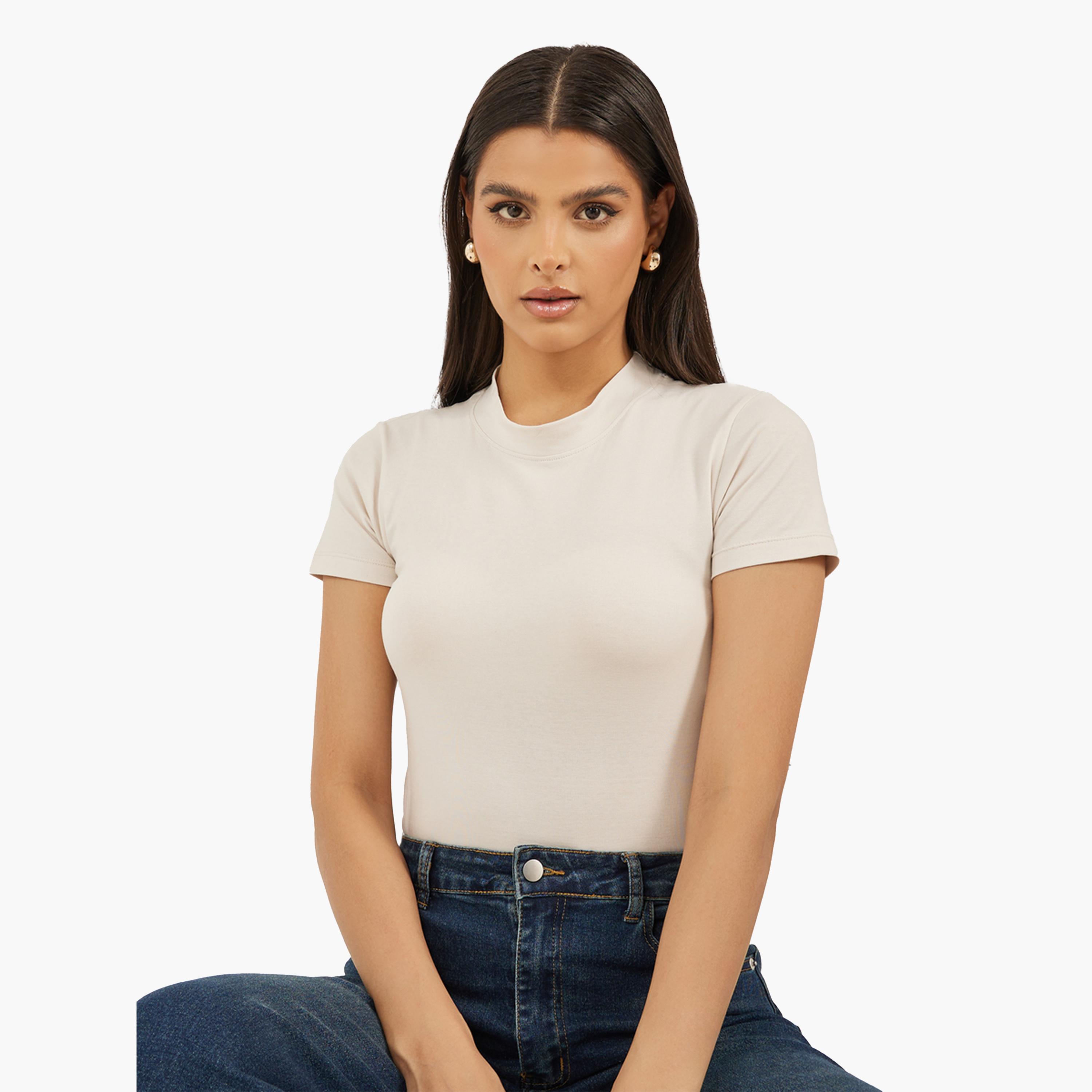 ستايلي - طقم قطعتين - تي شيرت قطني مطاطي ضيق برقبة عالية-women-clothing-tshirts-image-2
