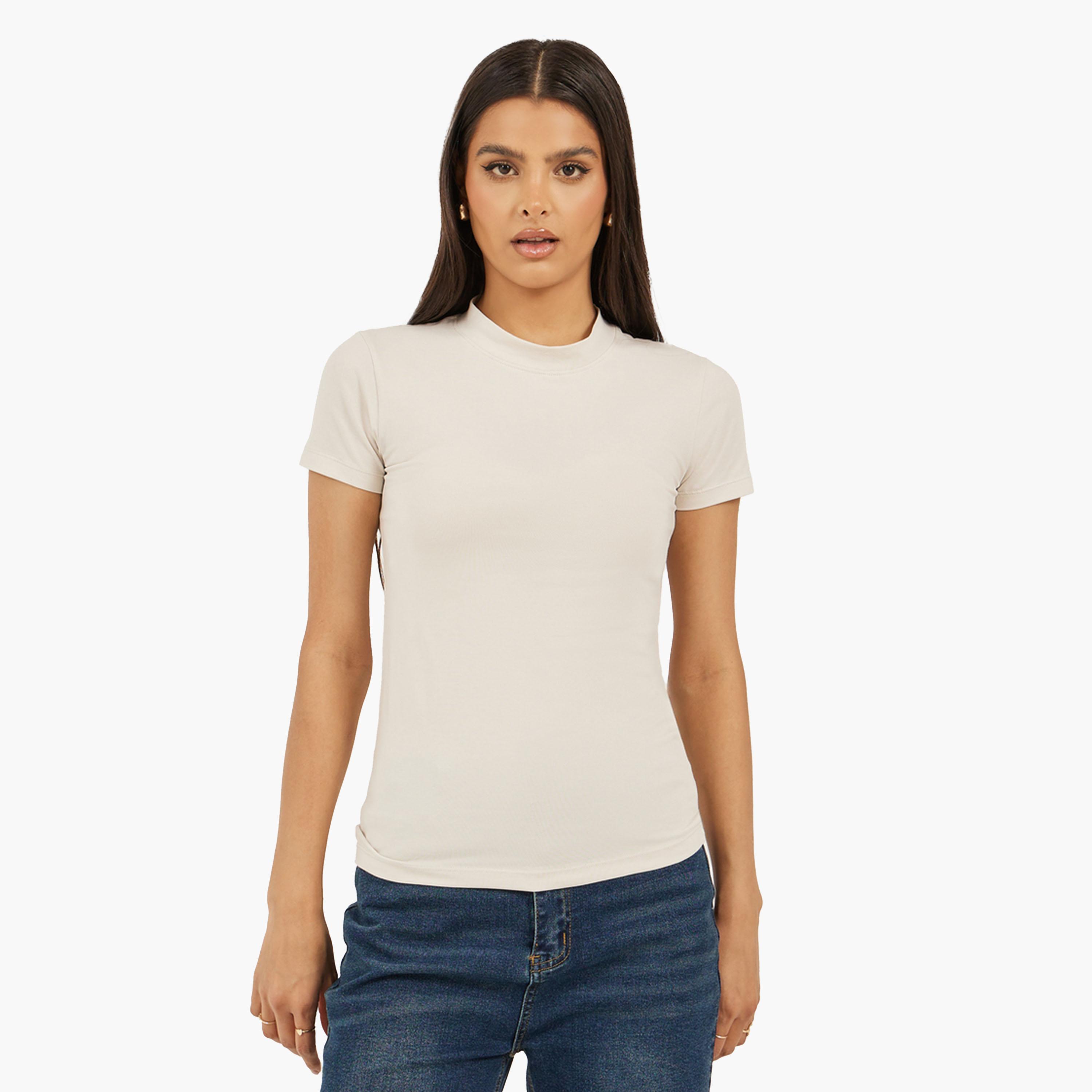 ستايلي - طقم قطعتين - تي شيرت قطني مطاطي ضيق برقبة عالية-women-clothing-tshirts-image-3