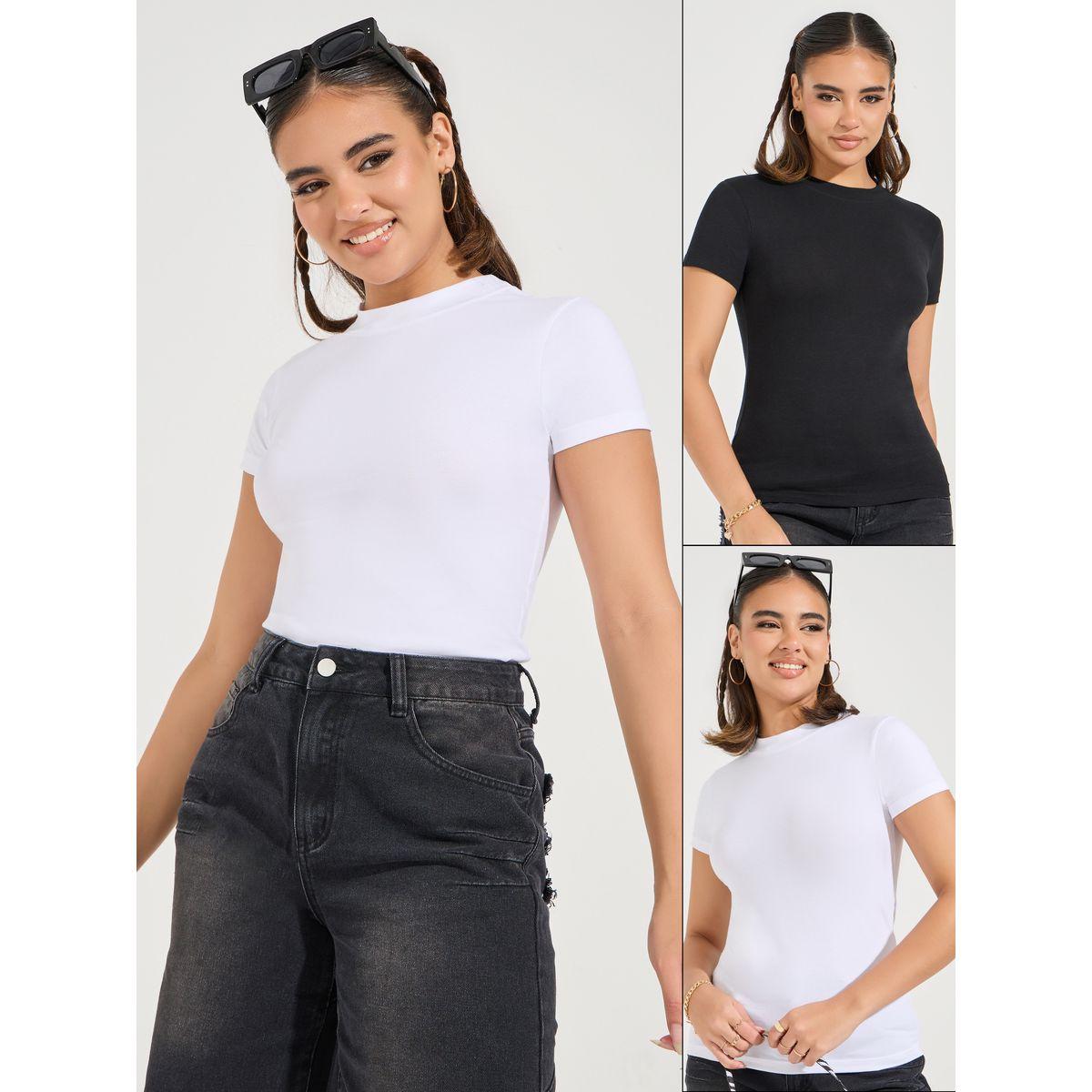 Styli Pack of 2 - Cotton Stretch Fitted High Neck T-Shirt-women-clothing-tshirts-image-1