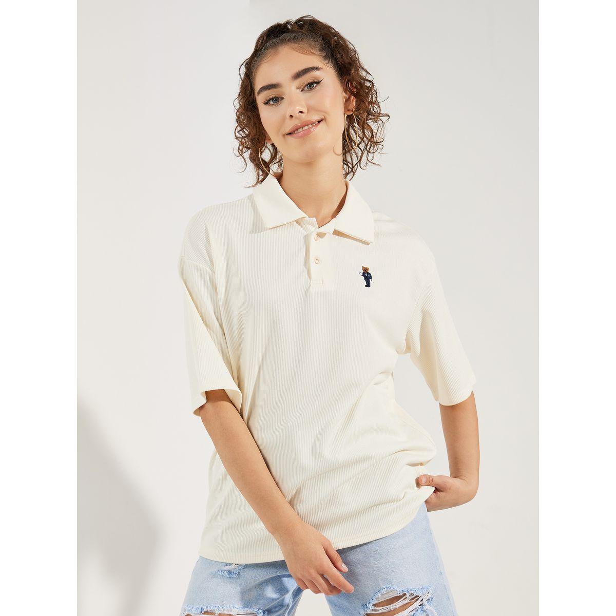 تيشيرت فضفاض بياقة بولو وتفاصيل مضلعة-women-clothing-tshirts-image-1