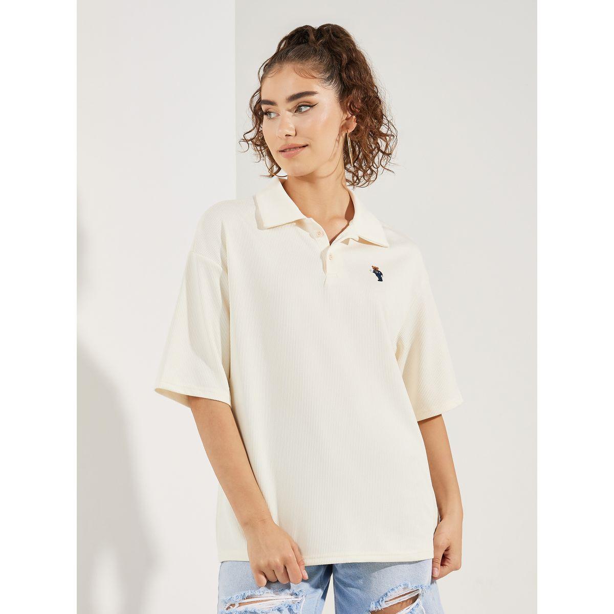 Styli Oversized Ribbed Bear Patch Polo T-Shirt-women-clothing-tshirts-image-2