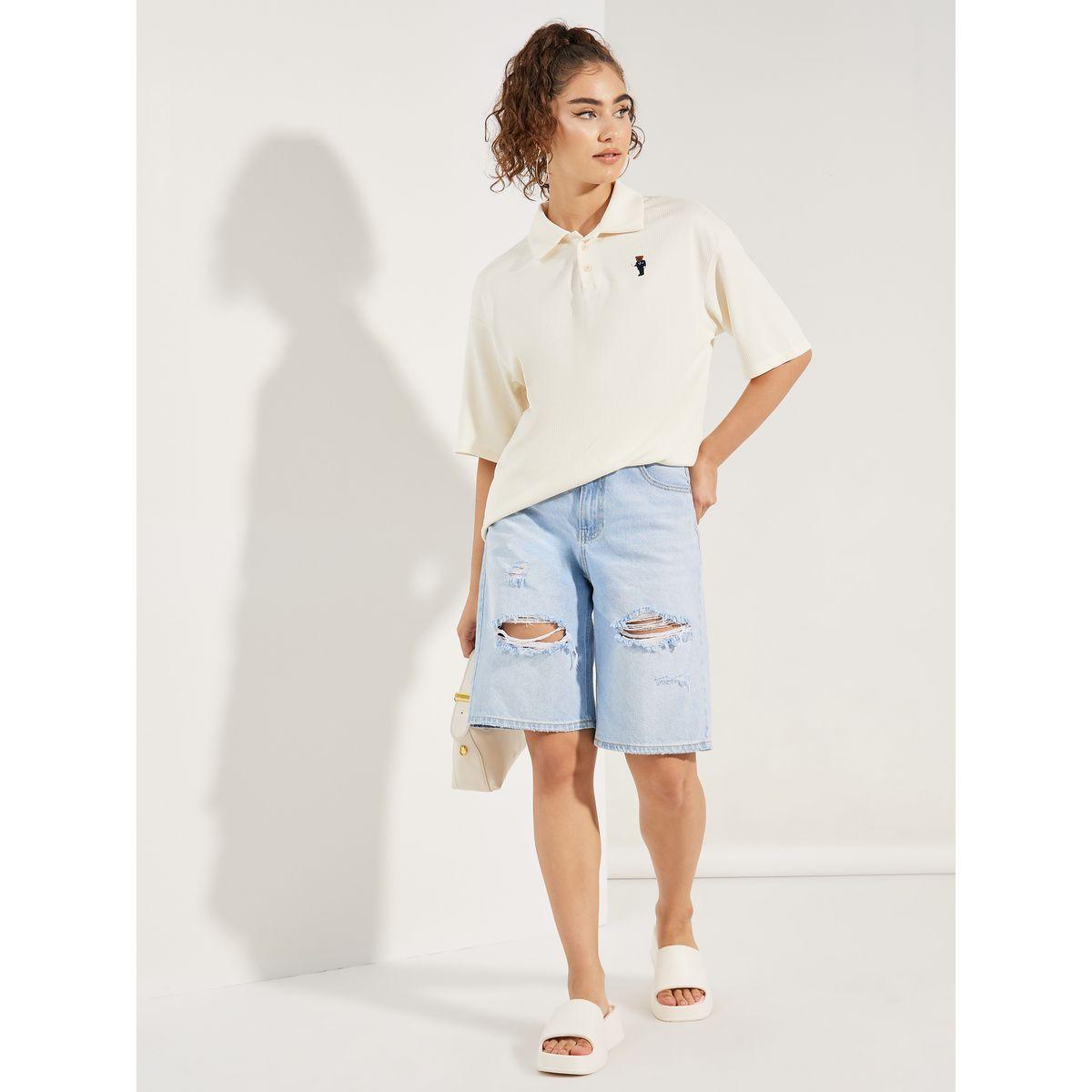 Styli Oversized Ribbed Bear Patch Polo T-Shirt-women-clothing-tshirts-image-3