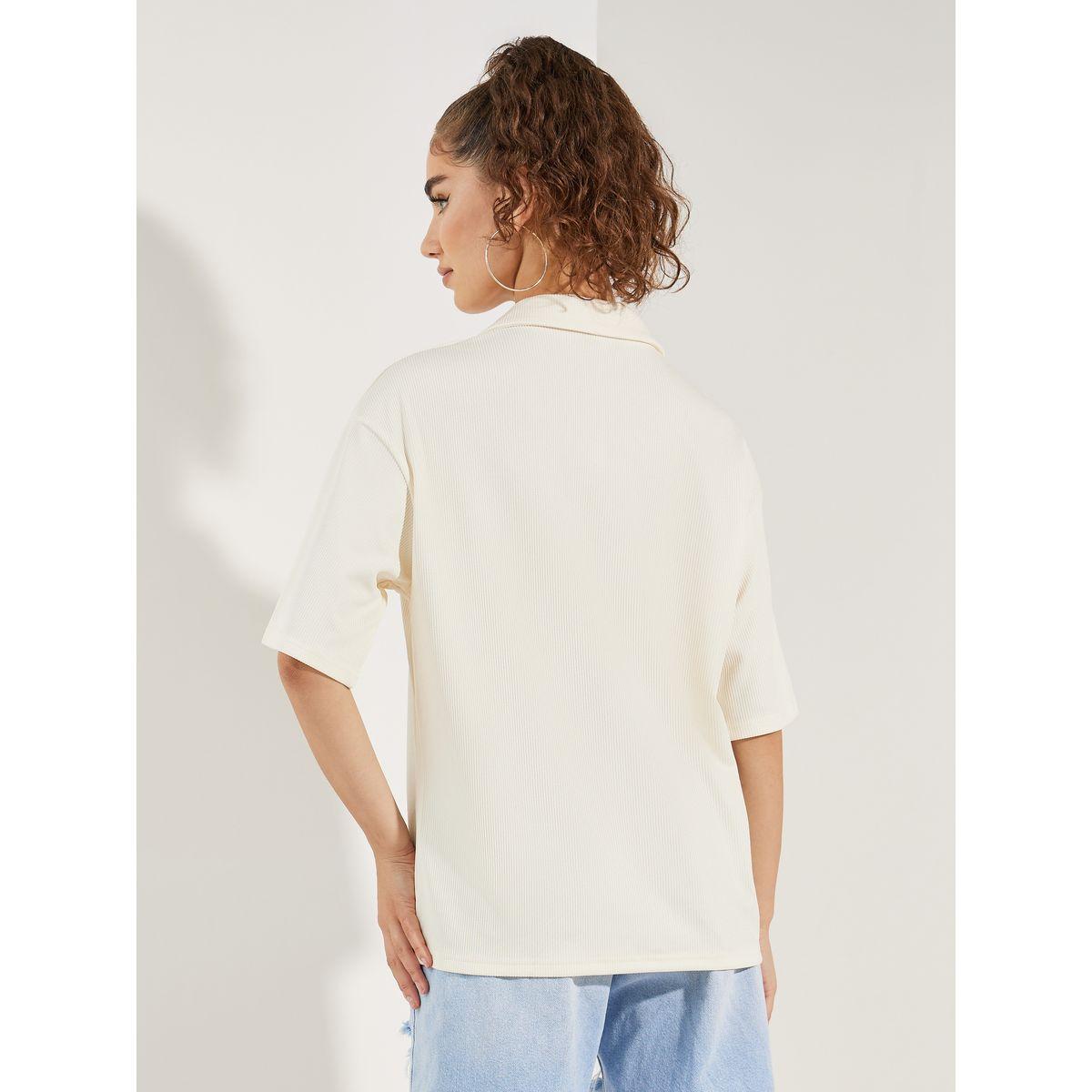 تيشيرت فضفاض بياقة بولو وتفاصيل مضلعة-women-clothing-tshirts-image-5