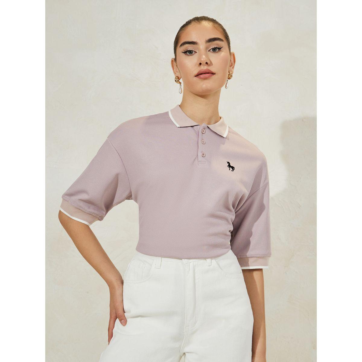 Styli Oversized Solid Ribbed Polo T-Shirt-women-clothing-tshirts-image-2