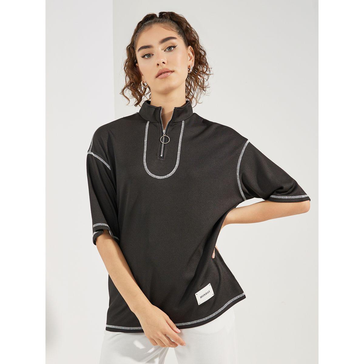 تيشيرت فضفاض بياقة بولو وخيوط ثريد-women-clothing-tshirts-image-1