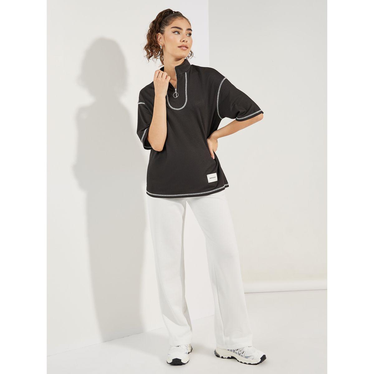 تيشيرت فضفاض بياقة بولو وخيوط ثريد-women-clothing-tshirts-image-2