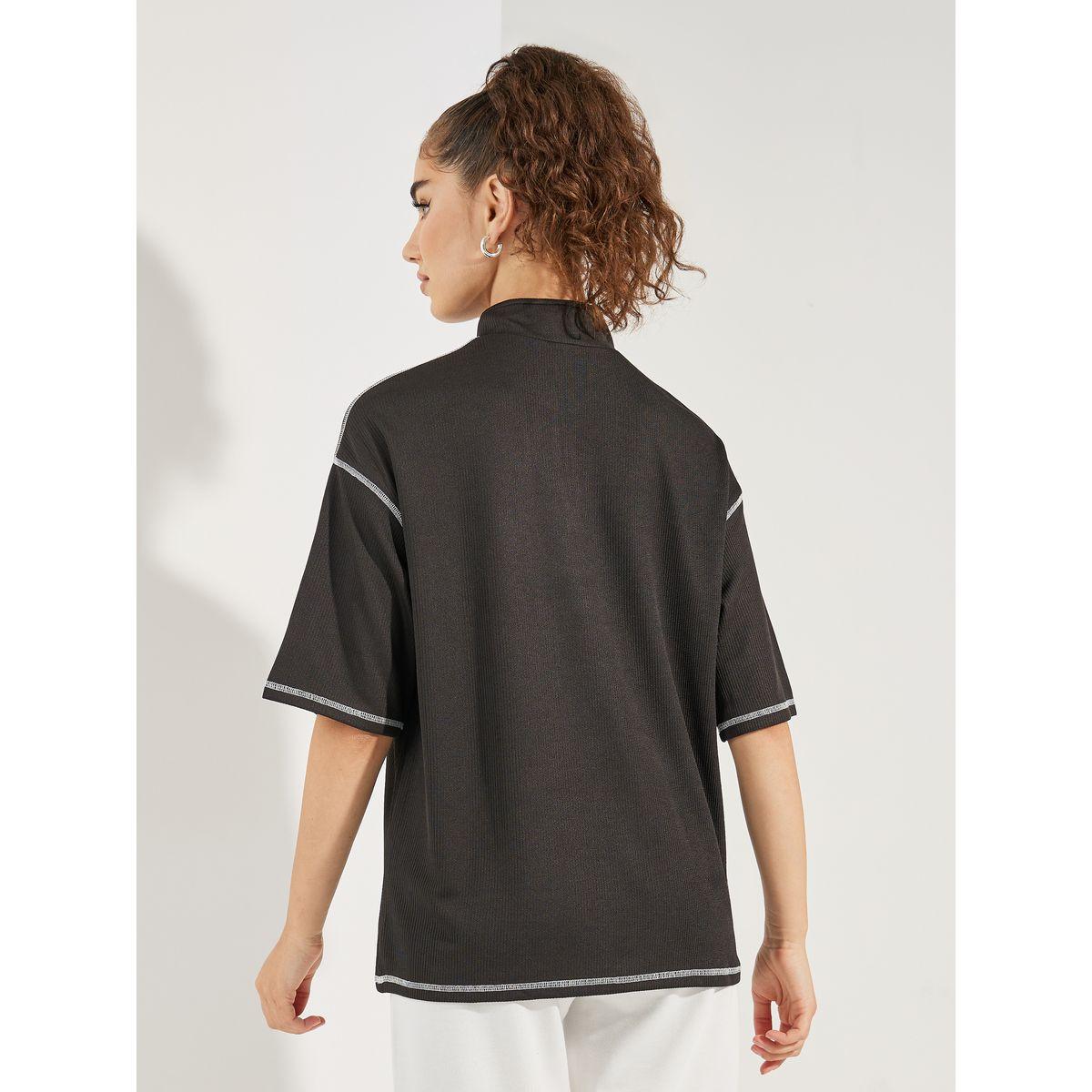 Styli Oversized Ribbed Thread Detail Polo T-Shirt-women-clothing-tshirts-image-4