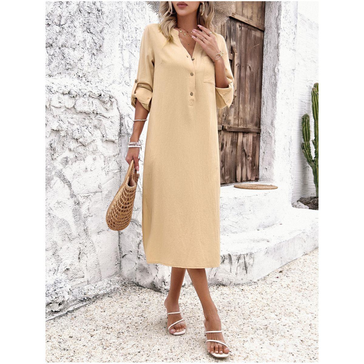 فستان ميدي باكمام مطوية وازرار غلق دي واي × ستايلي-women-clothing-dresses-image-1