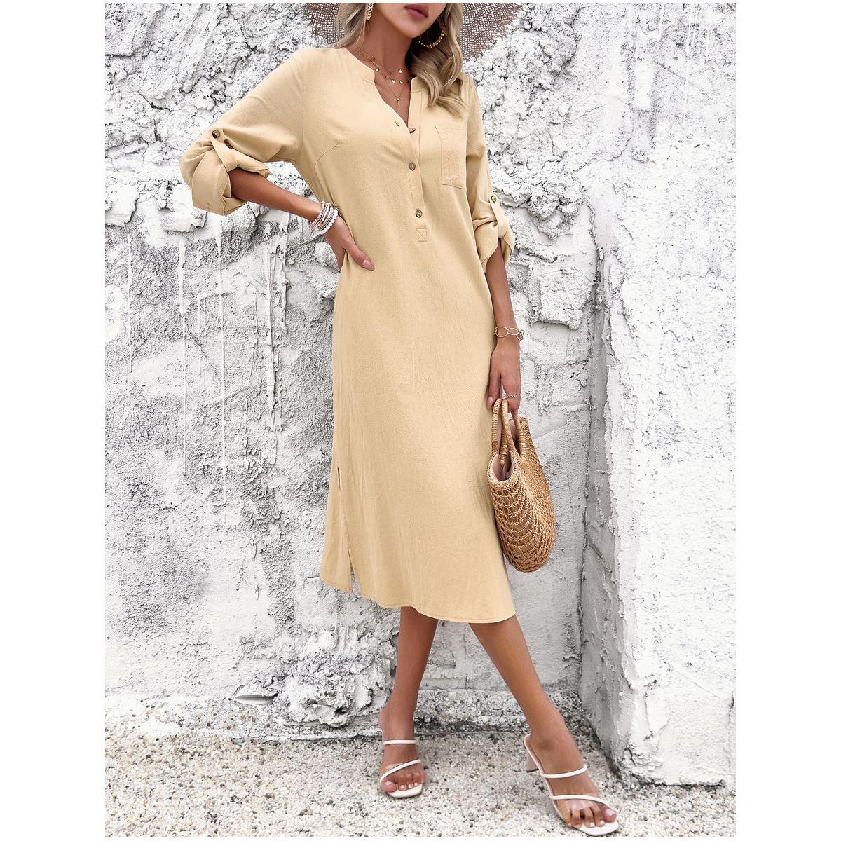 فستان ميدي باكمام مطوية وازرار غلق دي واي × ستايلي-women-clothing-dresses-image-2