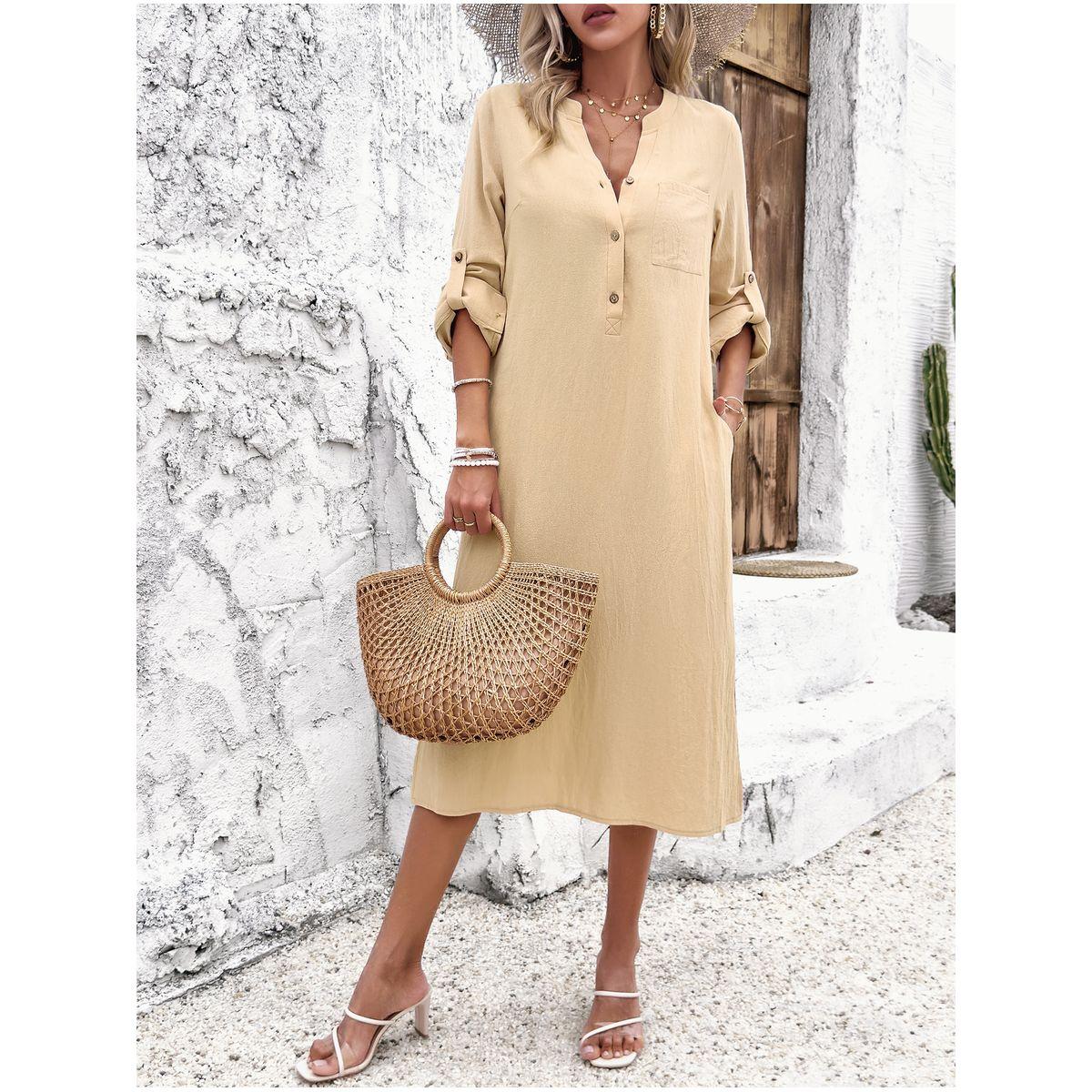 فستان ميدي باكمام مطوية وازرار غلق دي واي × ستايلي-women-clothing-dresses-image-3