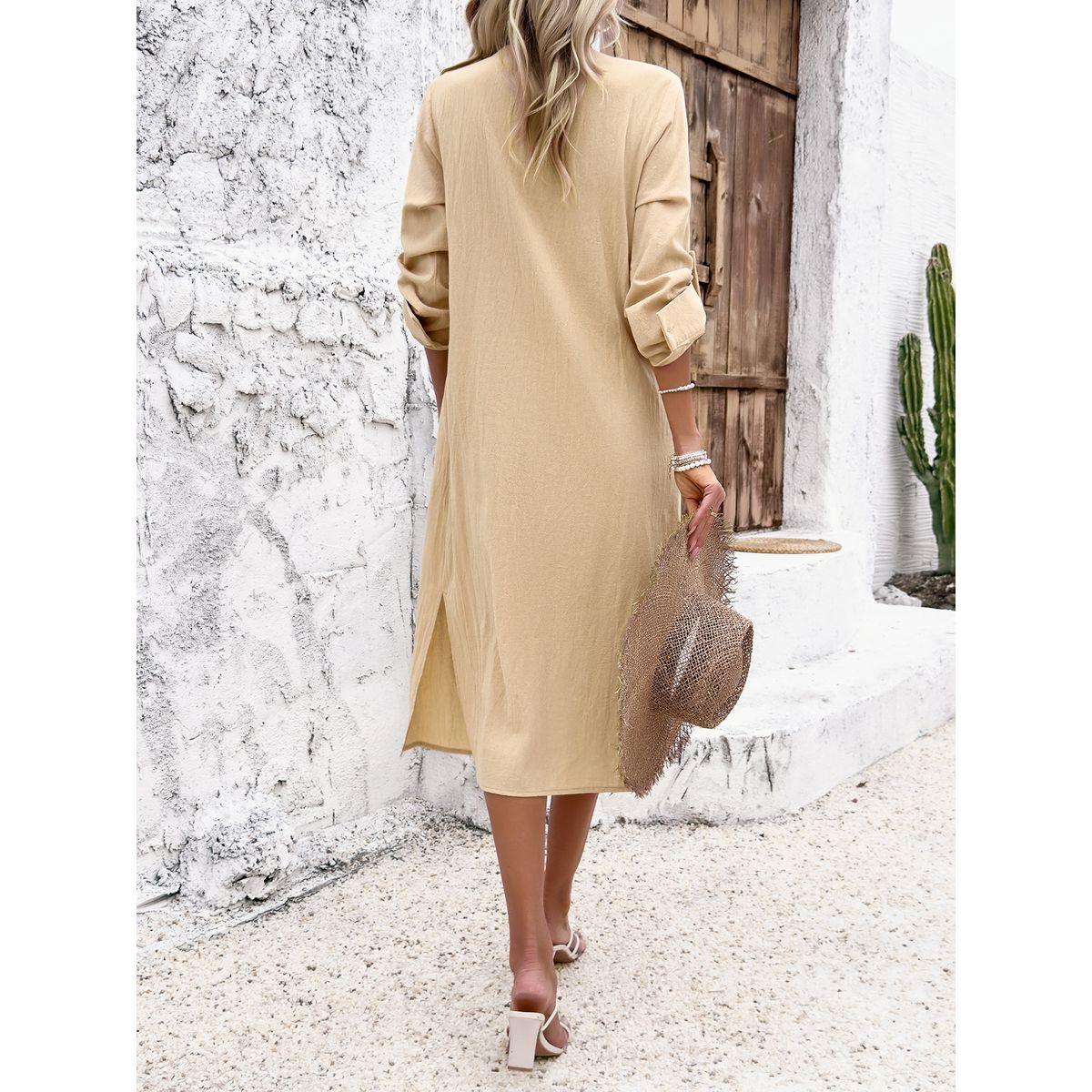 فستان ميدي باكمام مطوية وازرار غلق دي واي × ستايلي-women-clothing-dresses-image-4