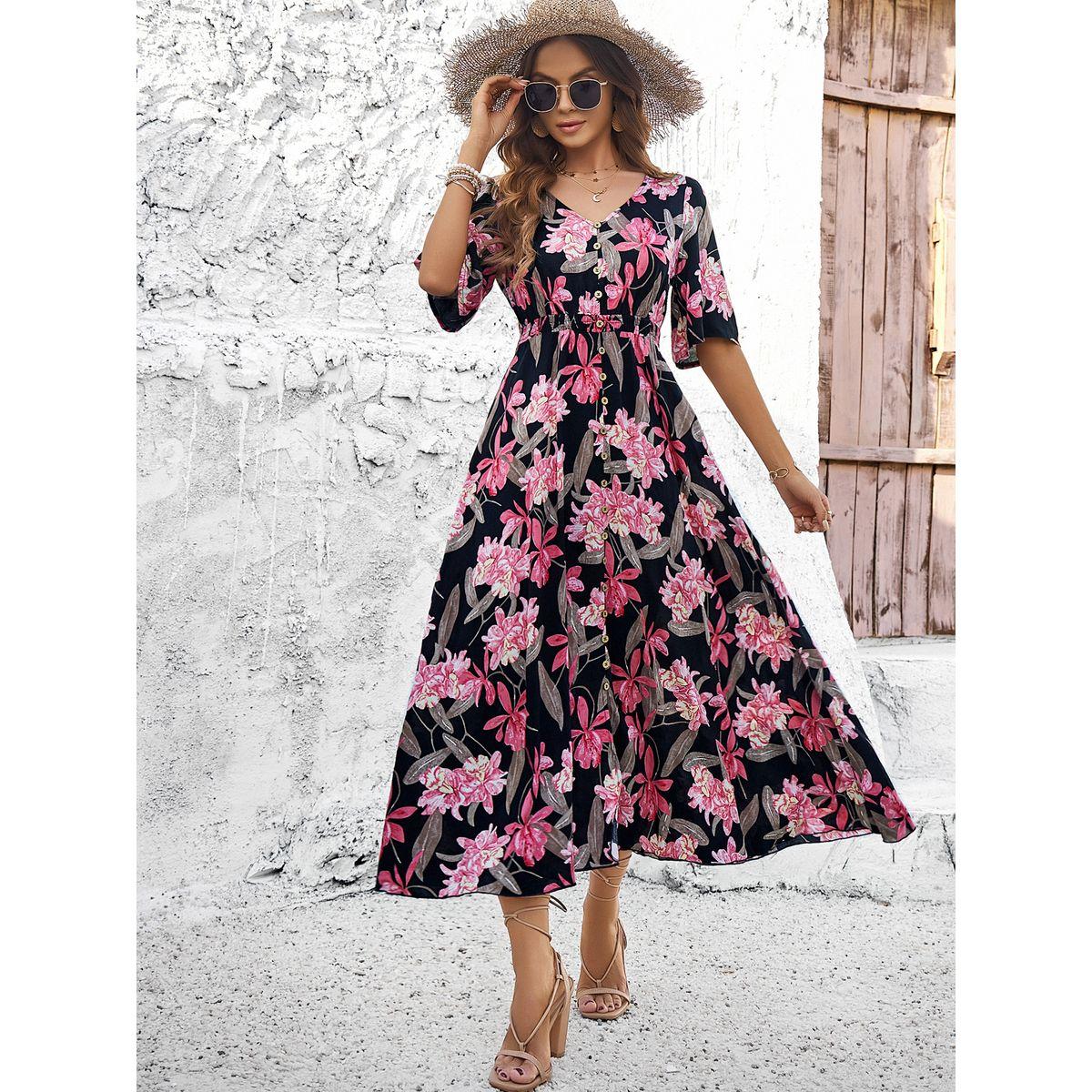 فستان ميدي مطبع بزهور مع ازرار دي واي × ستايلي-women-clothing-dresses-image-5