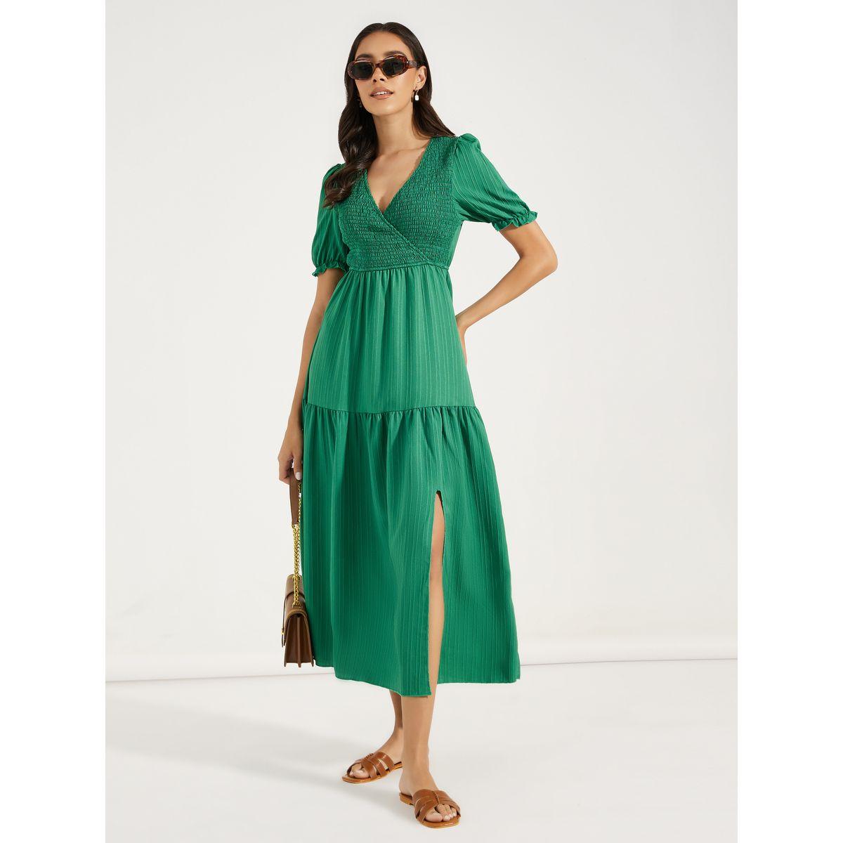 DY X Styli  V Neck Tiered Midi Dress with Front Split-women-clothing-dresses-image-1