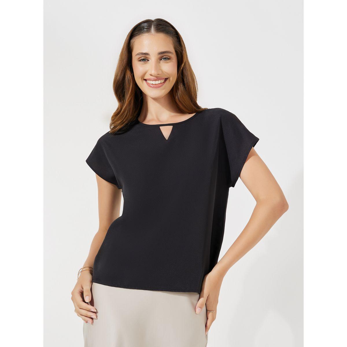 بلوزة سادة بقصة عادية وياقة بشق-women-clothing-shirtsandblouses-blouses-image-2
