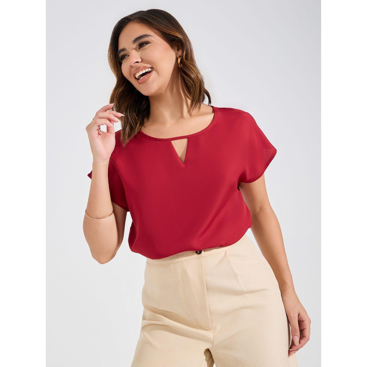 Styli Solid Regular Fit Top with Keyhole Neck-women-clothing-shirtsandblouses-blouses-image-1