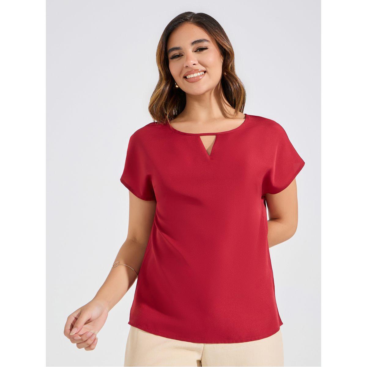 Styli Solid Regular Fit Top with Keyhole Neck-women-clothing-shirtsandblouses-blouses-image-2