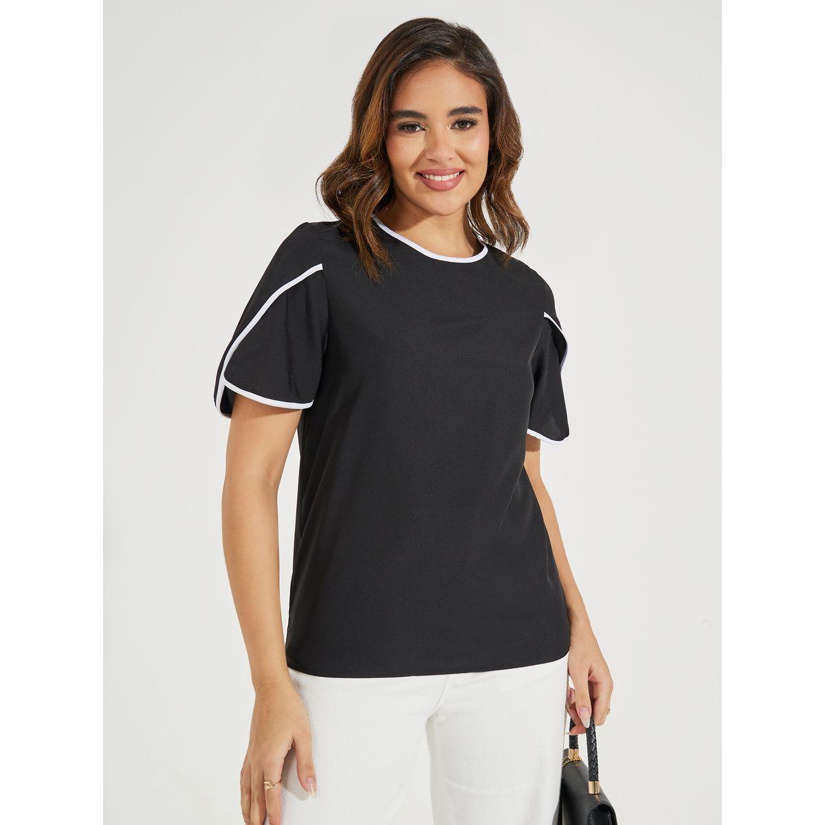 Styli Contrast Piping Round Neck Woven Blouse-women-clothing-shirtsandblouses-blouses-image-1