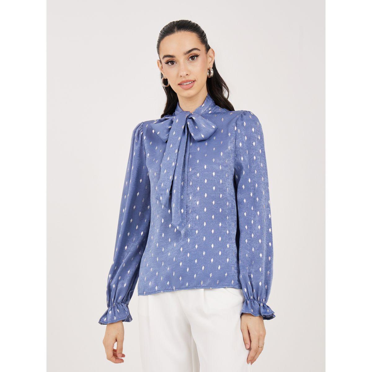 Styli Tie-Up Neck Cuffed Sleeve Self Design Blouse-women-clothing-shirtsandblouses-blouses-image-2