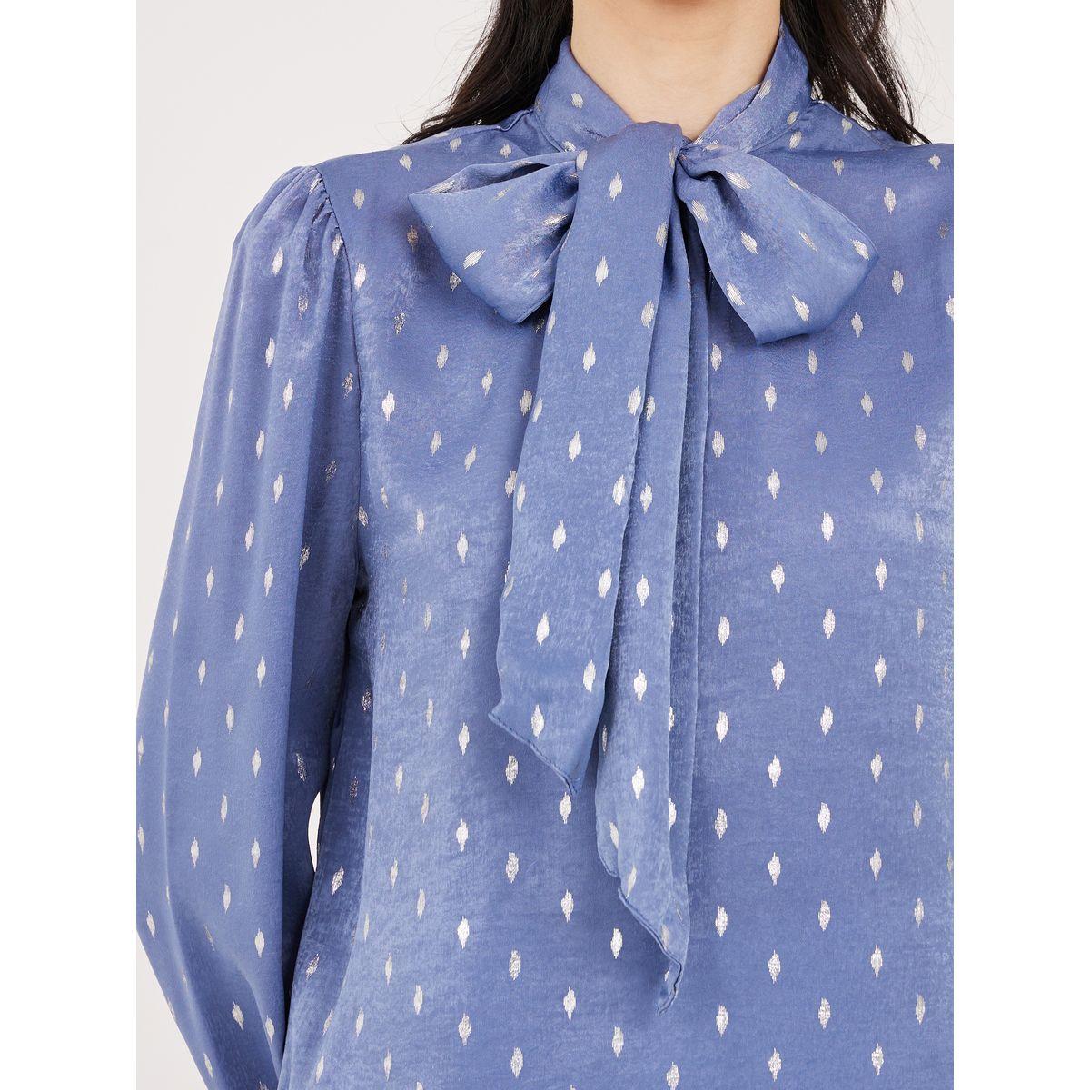 Styli Tie-Up Neck Cuffed Sleeve Self Design Blouse-women-clothing-shirtsandblouses-blouses-image-4