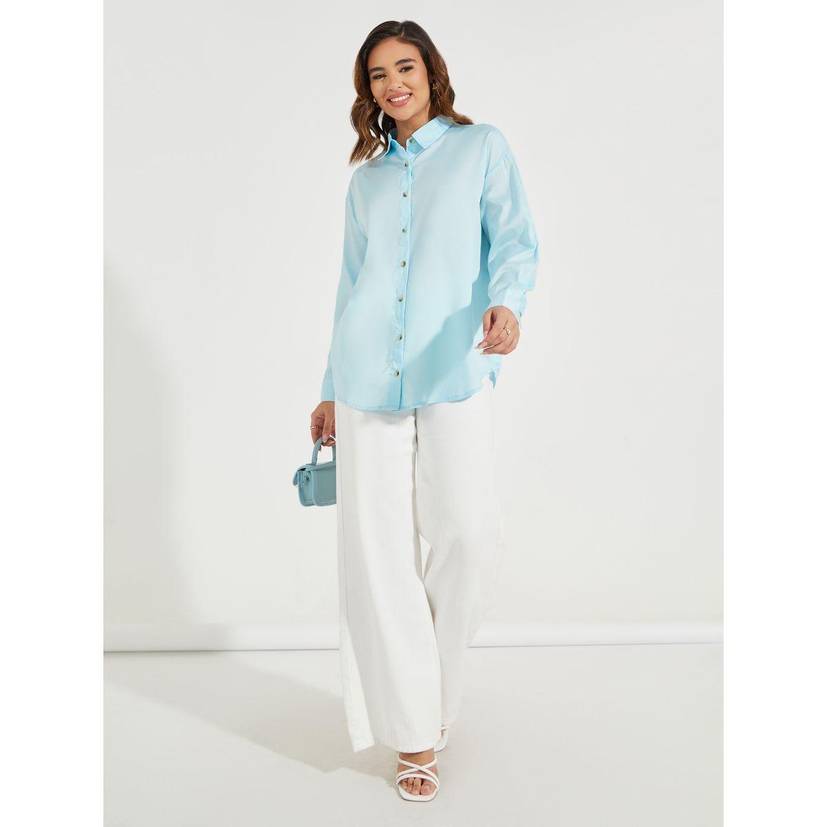 Styli Oversized Solid Buttoned Shirt with Dropped Shoulder-women-clothing-shirtsandblouses-shirts-image-2