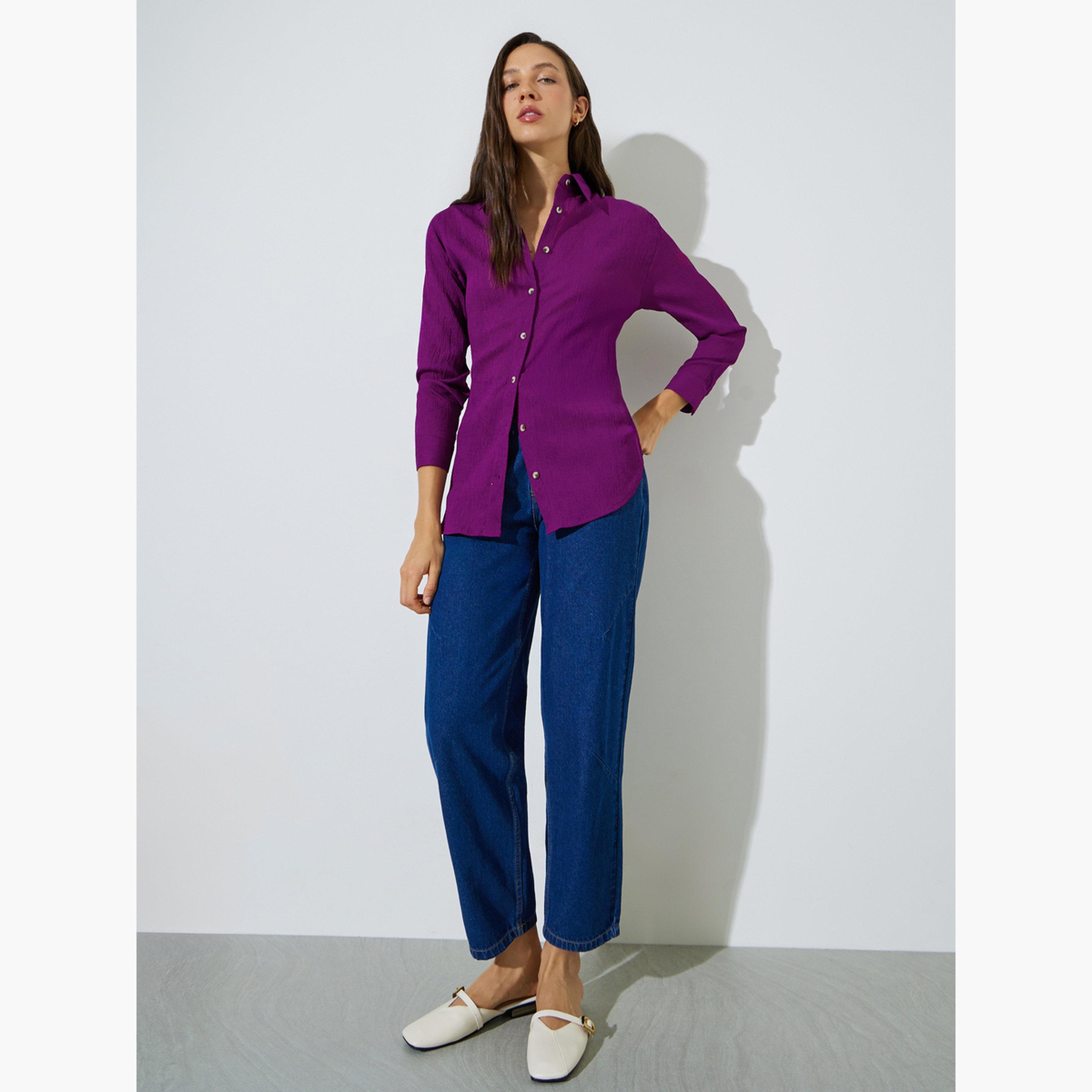 بلوزة واسعة بتصميم طويل وتفاصيل مجعدة-women-clothing-shirtsandblouses-shirts-image-2