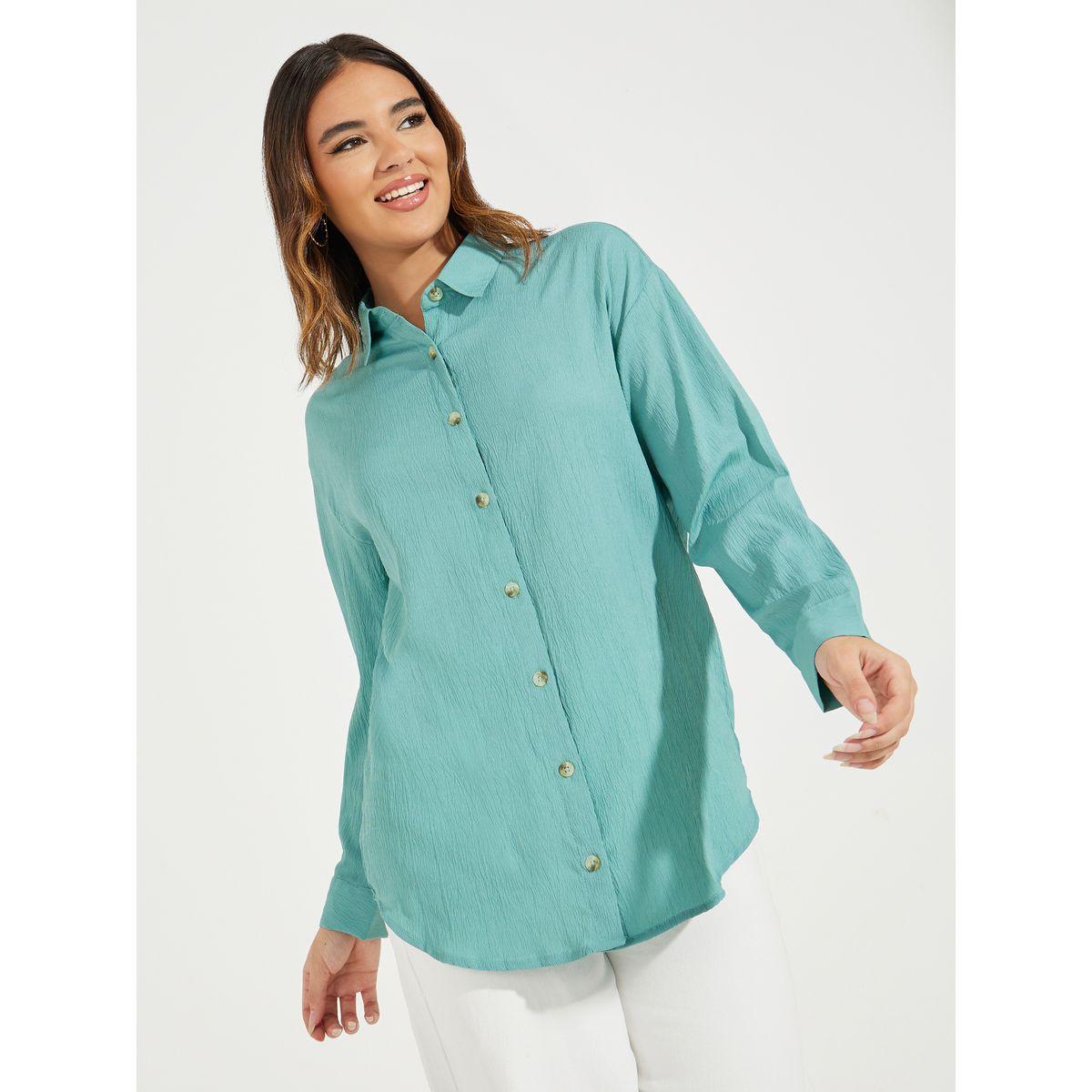Styli Oversized Textured Longline Shirt with Buttons-women-clothing-shirtsandblouses-shirts-image-1