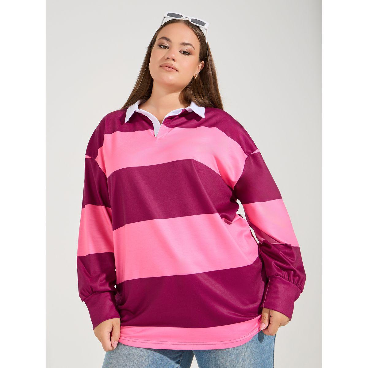 Styli Plus Size Color Block Striped Collared Long Sleeve Oversized Polo T-shirt-women-clothing-tshirts-image-1
