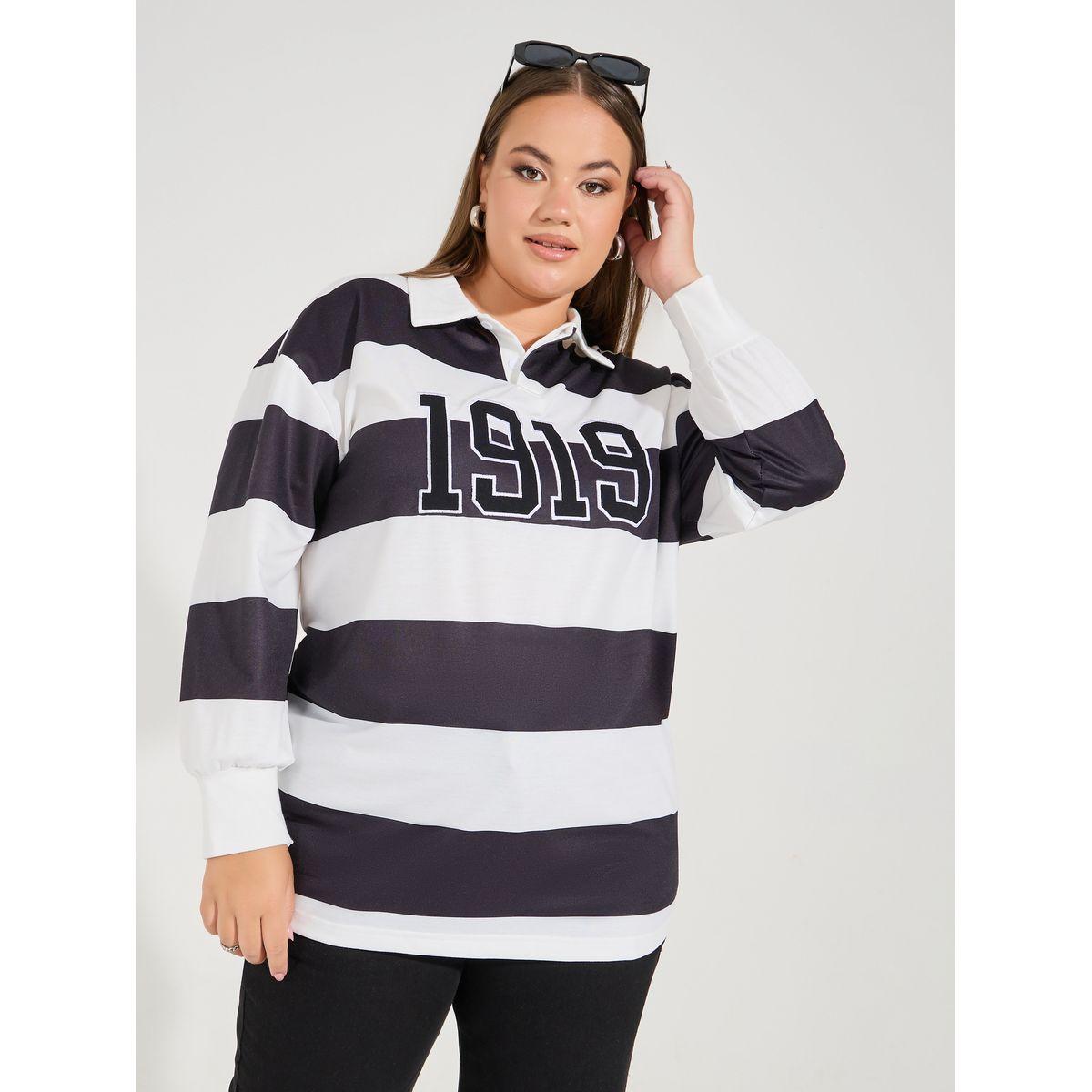 تيشيرت بمقاس كبير وياقة بولو مع اكمام طويلة-women-clothing-tshirts-image-4