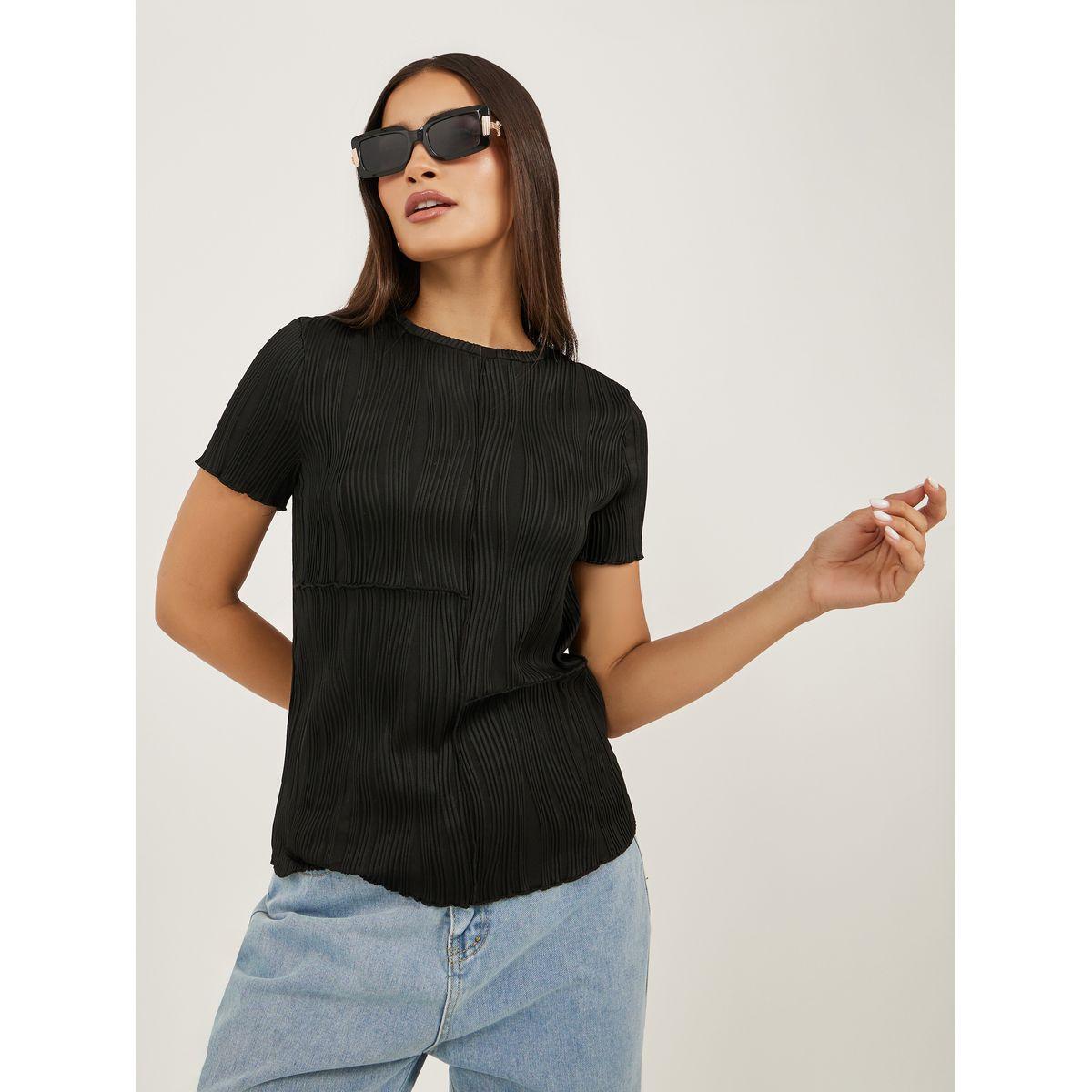 Styli Textured Exposed Seam Regular Fit T-Shirt-women-clothing-tshirts-image-1